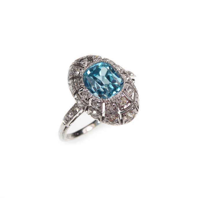 Art Deco blue zircon and diamond oval bombe cluster ring | MasterArt